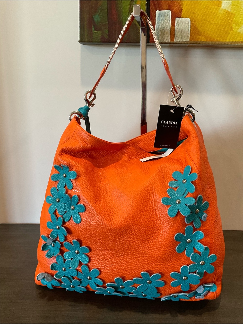 Claudia Firenze Orange Leather Hobo Bag with Turquoise Floral Appliqué